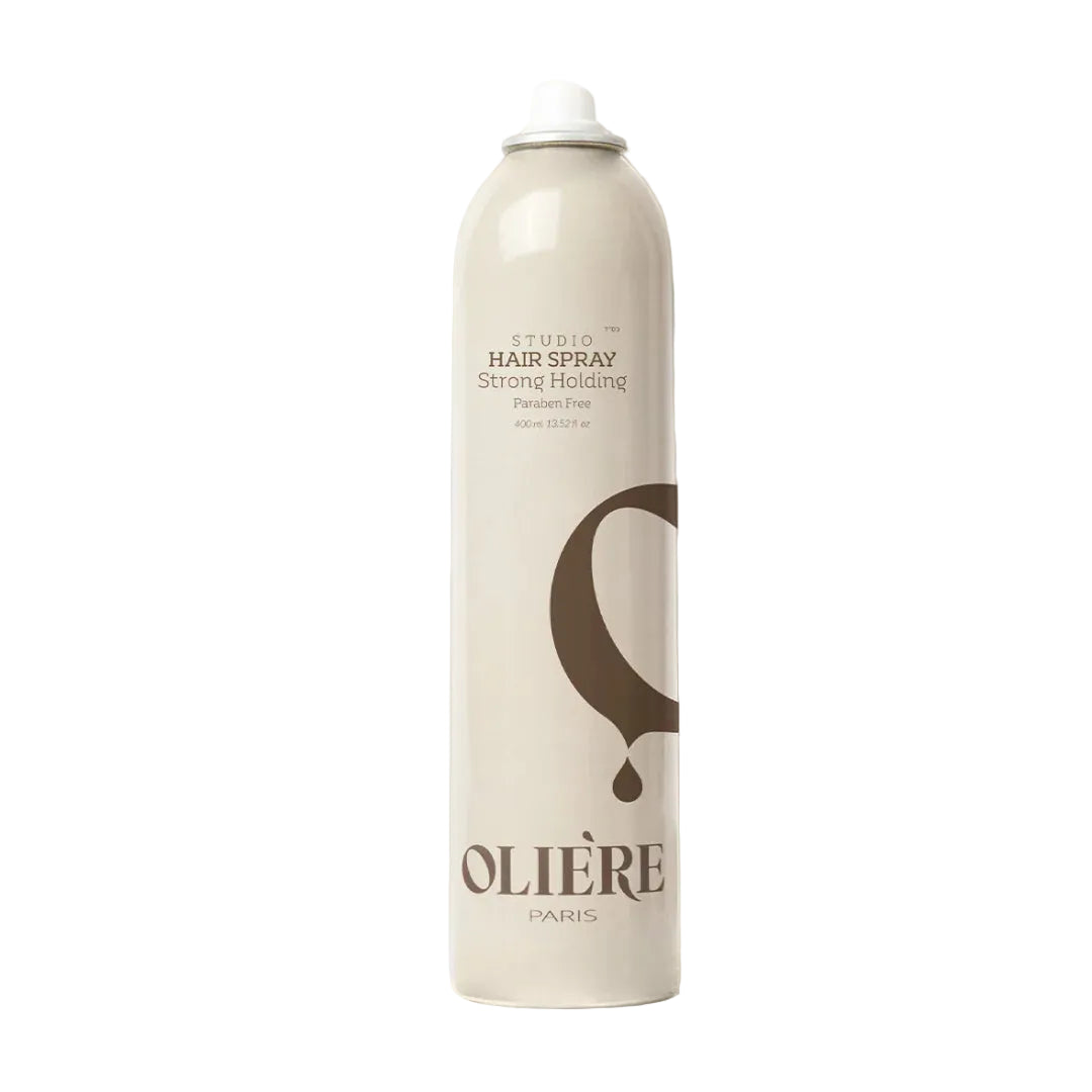 בקבוק לבן ספריי מקשה לשיער "OLIERE" על רקע לבן