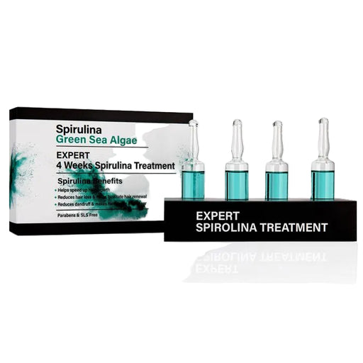 אמפולה טיפולית לשיער יבש מועשרת באצת הספירולינה "קווה קווה" על רקע לבן