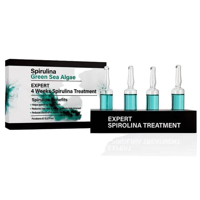 אמפולה טיפולית לשיער יבש מועשרת באצת הספירולינה "קווה קווה" על רקע לבן